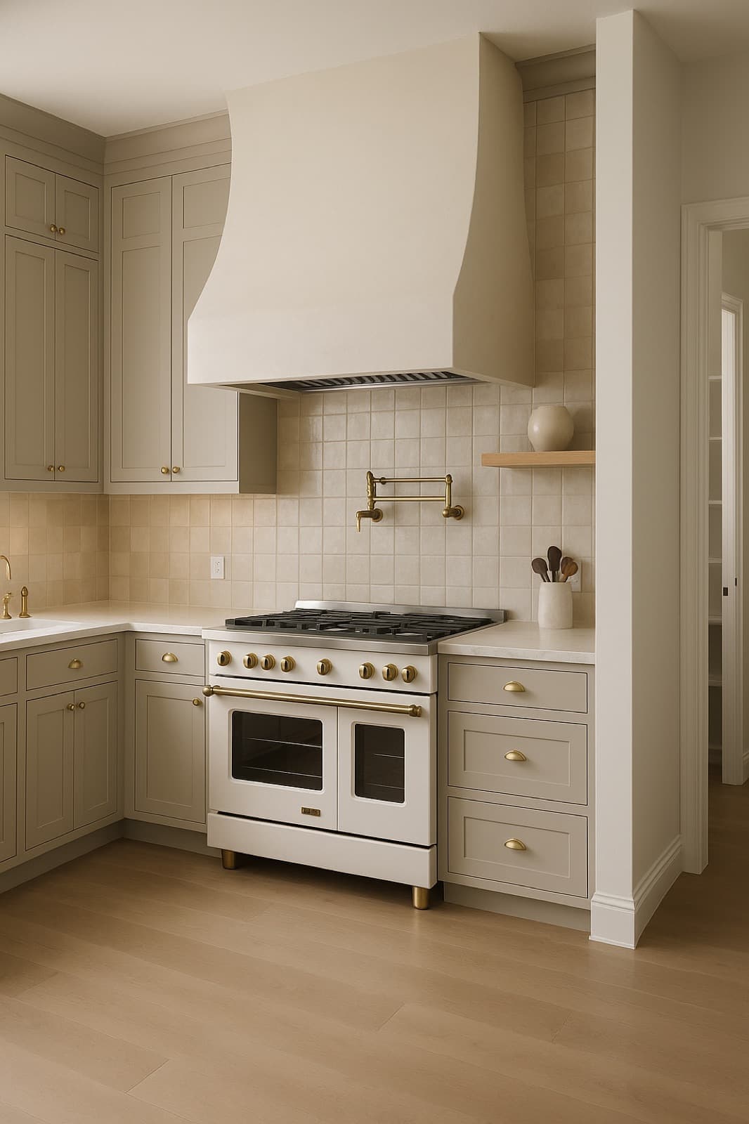 modern neutral kitchen with brass accents for MVK Construction