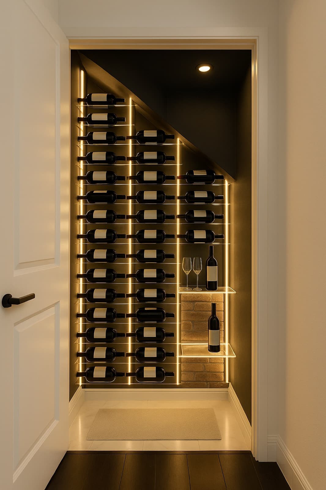 wine closet under stairs with led lighting for MVK Construction
